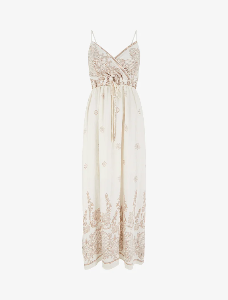 Robe longue imprimé arabesque fleuri - Écru