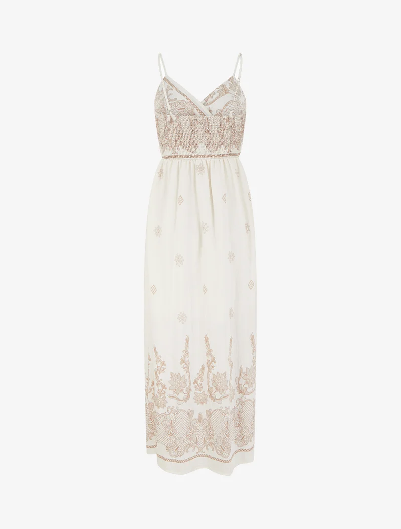 Robe longue imprimé arabesque fleuri - Écru