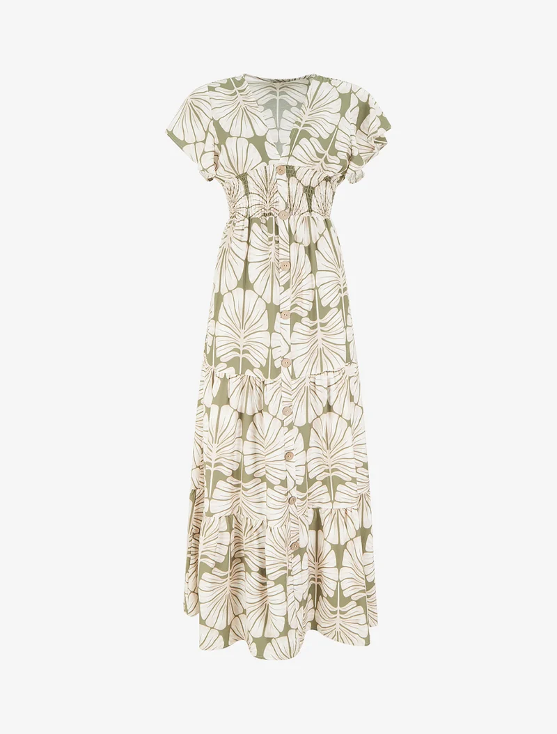 Robe longue manches courtes imprimé grandes feuilles - Kaki