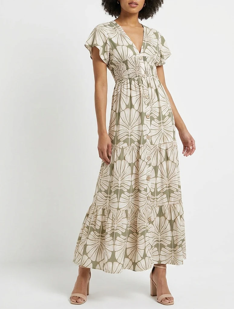 Robe longue manches courtes imprimé grandes feuilles - Kaki