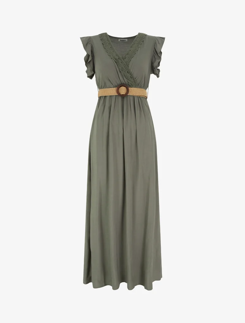 Robe longue unie à col cache-coeur - Kaki