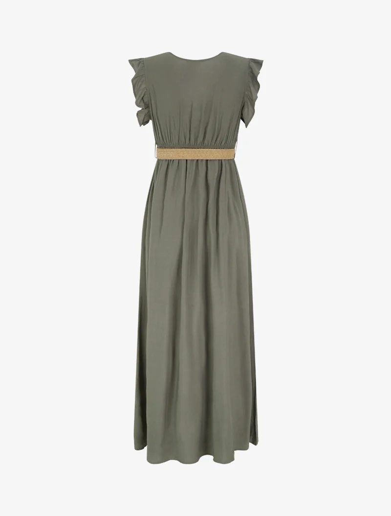 Robe longue unie à col cache-coeur - Kaki