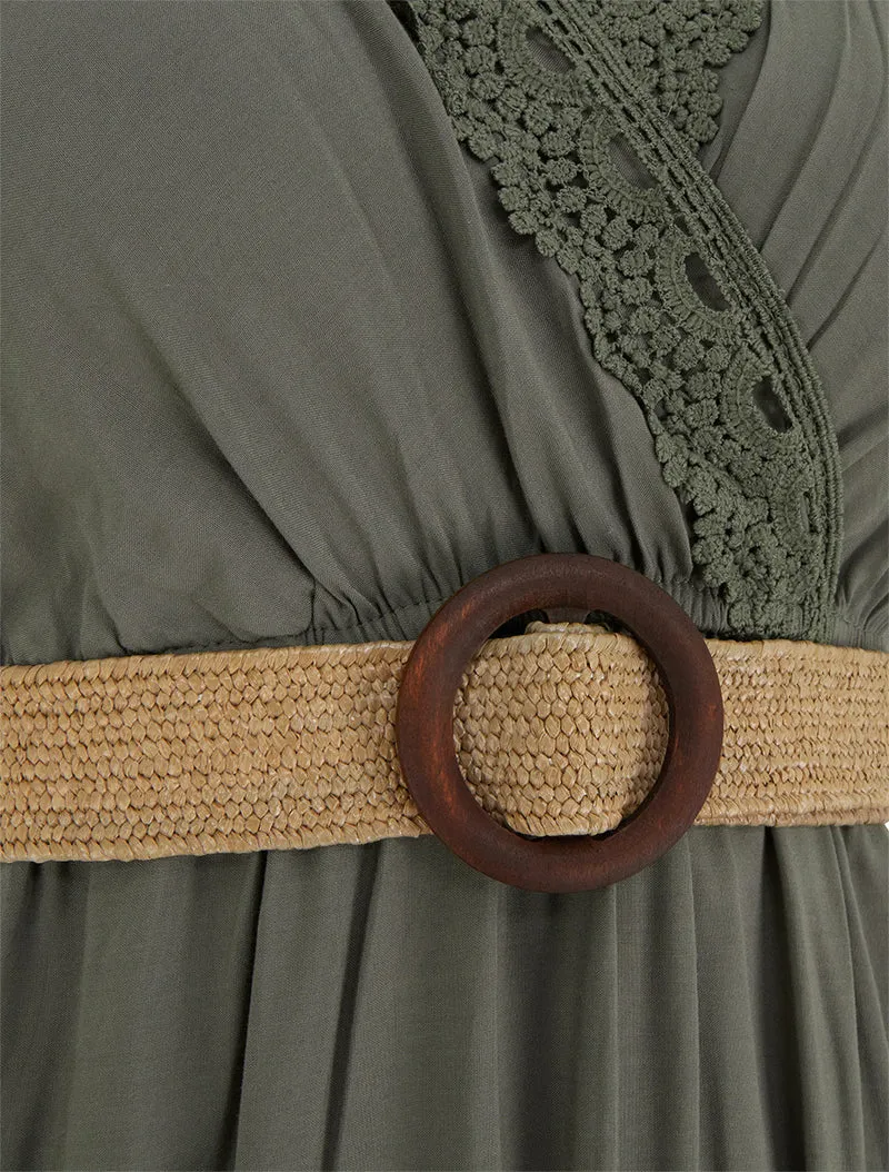 Robe longue unie à col cache-coeur - Kaki