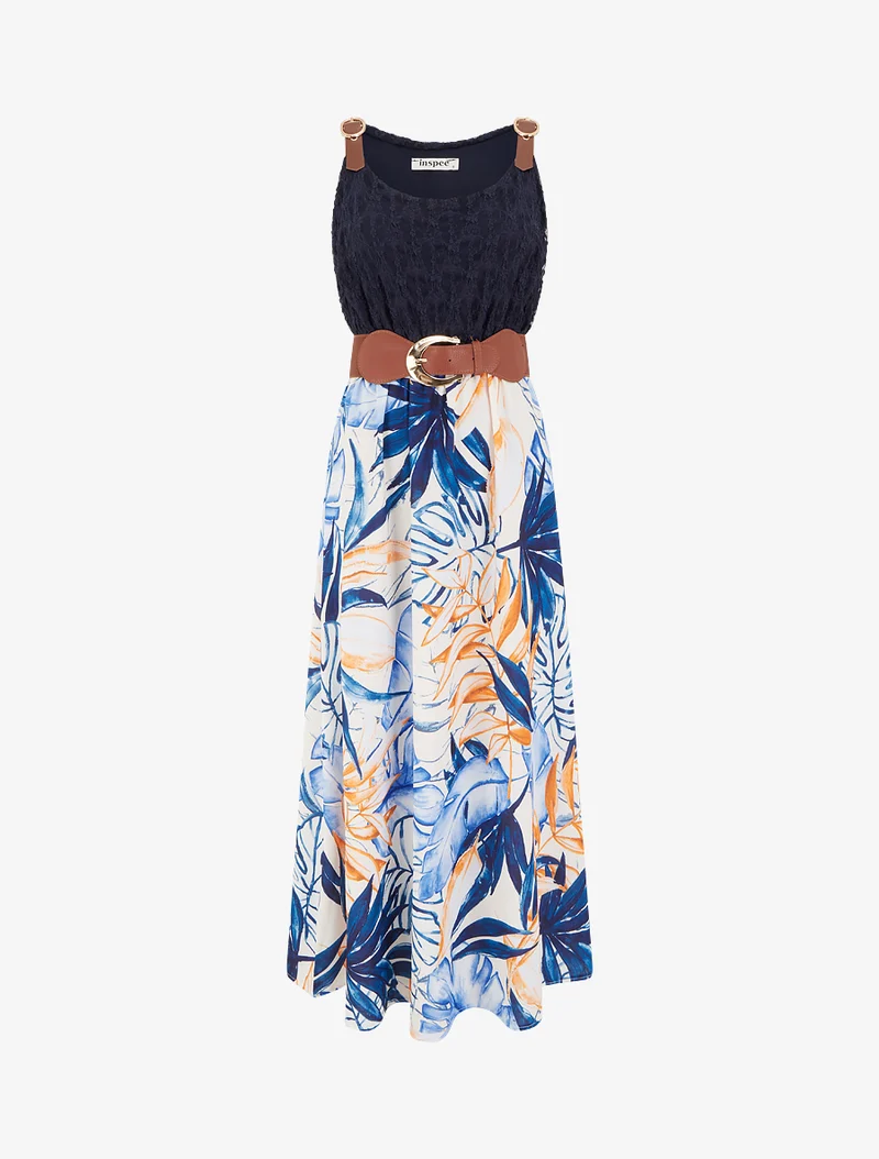 Robe longue à imprimé tropical et bretelles simili - Marine