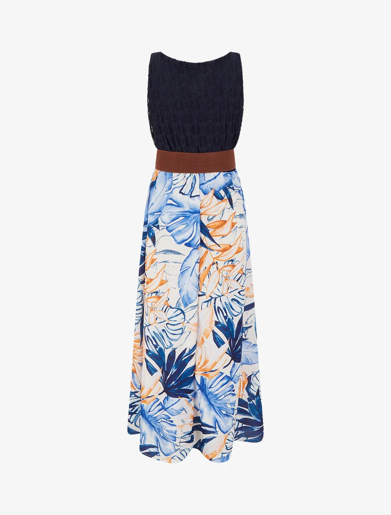 Robe longue à imprimé tropical et bretelles simili - Marine