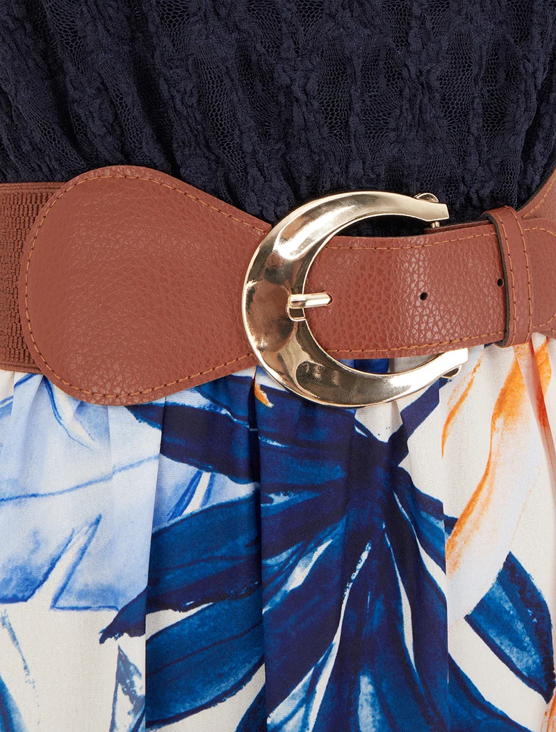 Robe longue à imprimé tropical et bretelles simili - Marine