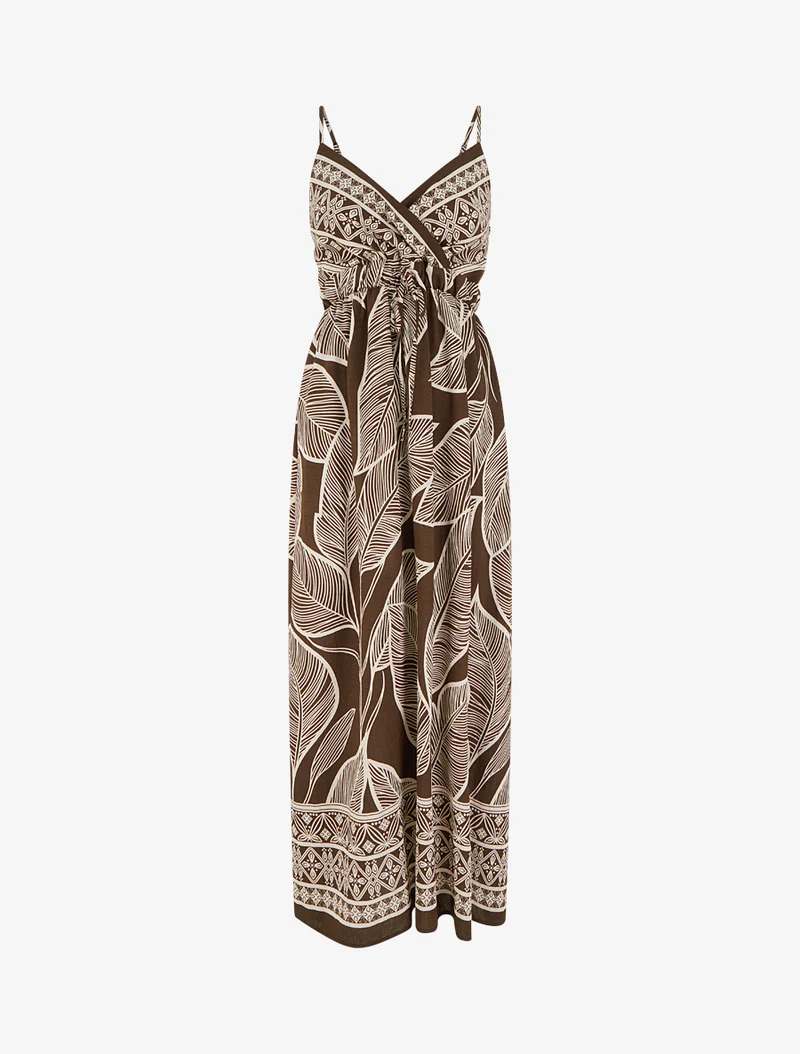Robe longue imprimé feuilles stylisées - Marron