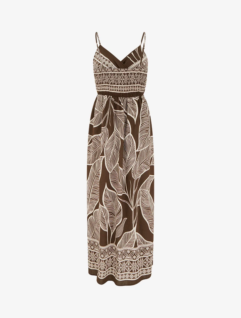 Robe longue imprimé feuilles stylisées - Marron