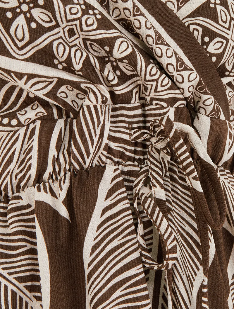 Robe longue imprimé feuilles stylisées - Marron