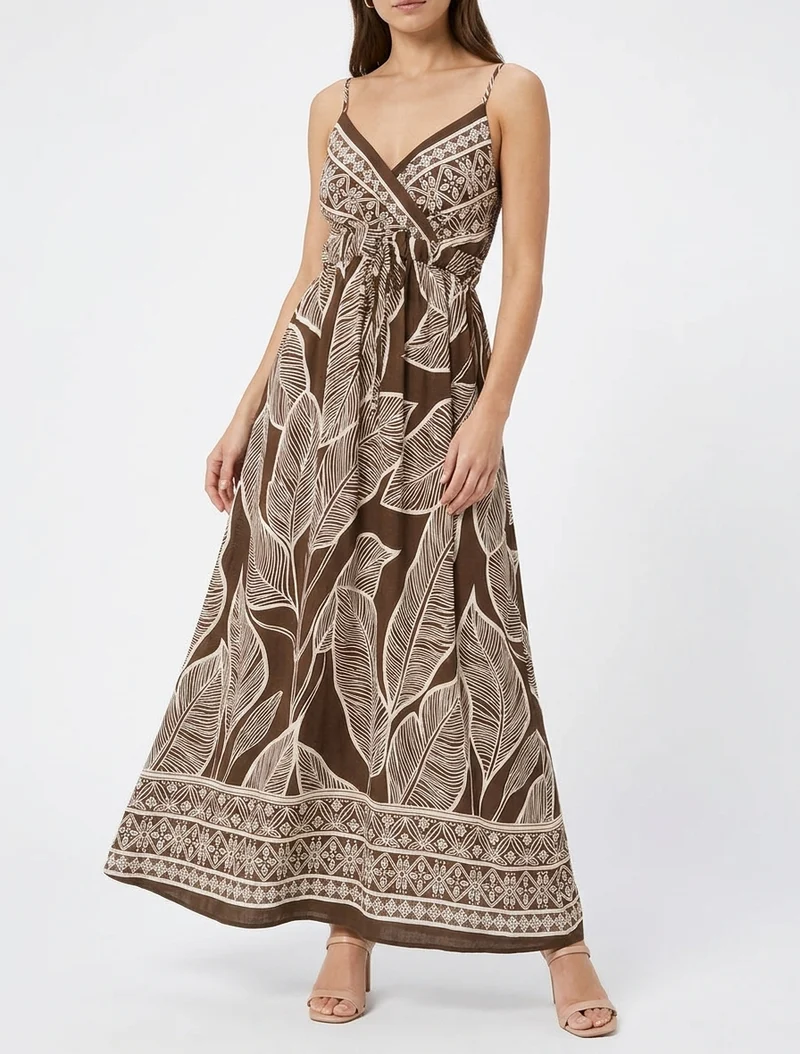 Robe longue imprimé feuilles stylisées - Marron