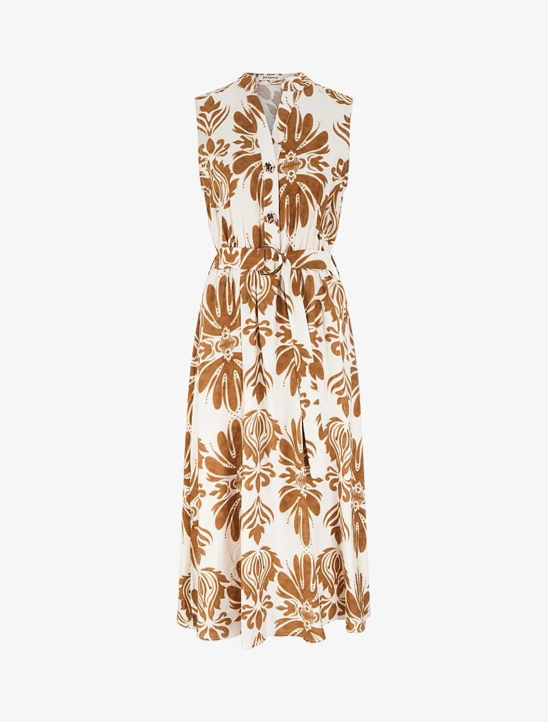 Robe longue imprimé ikat à boutons décoratifs - Camel