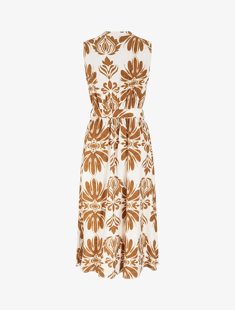 Robe longue imprimé ikat à boutons décoratifs - Camel