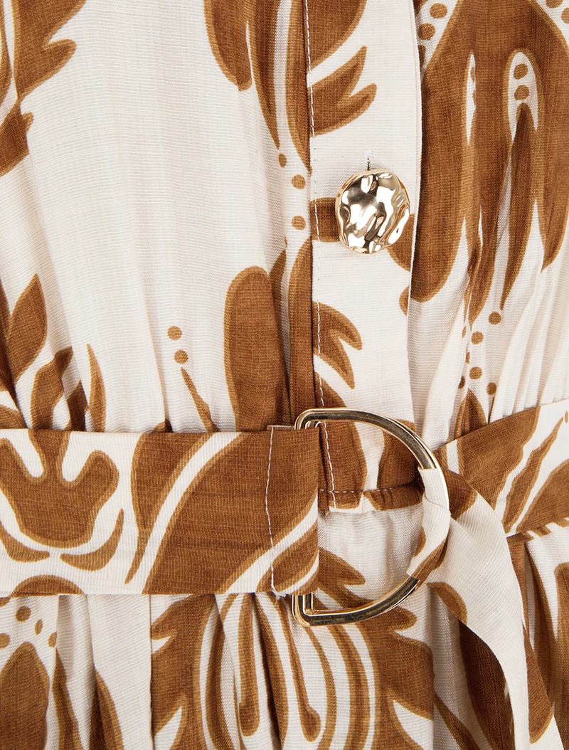 Robe longue imprimé ikat à boutons décoratifs - Camel