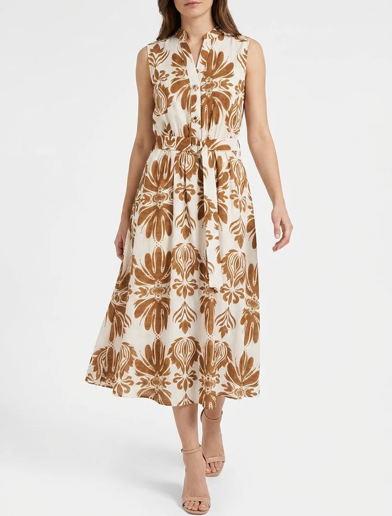 Robe longue imprimé ikat à boutons décoratifs - Camel