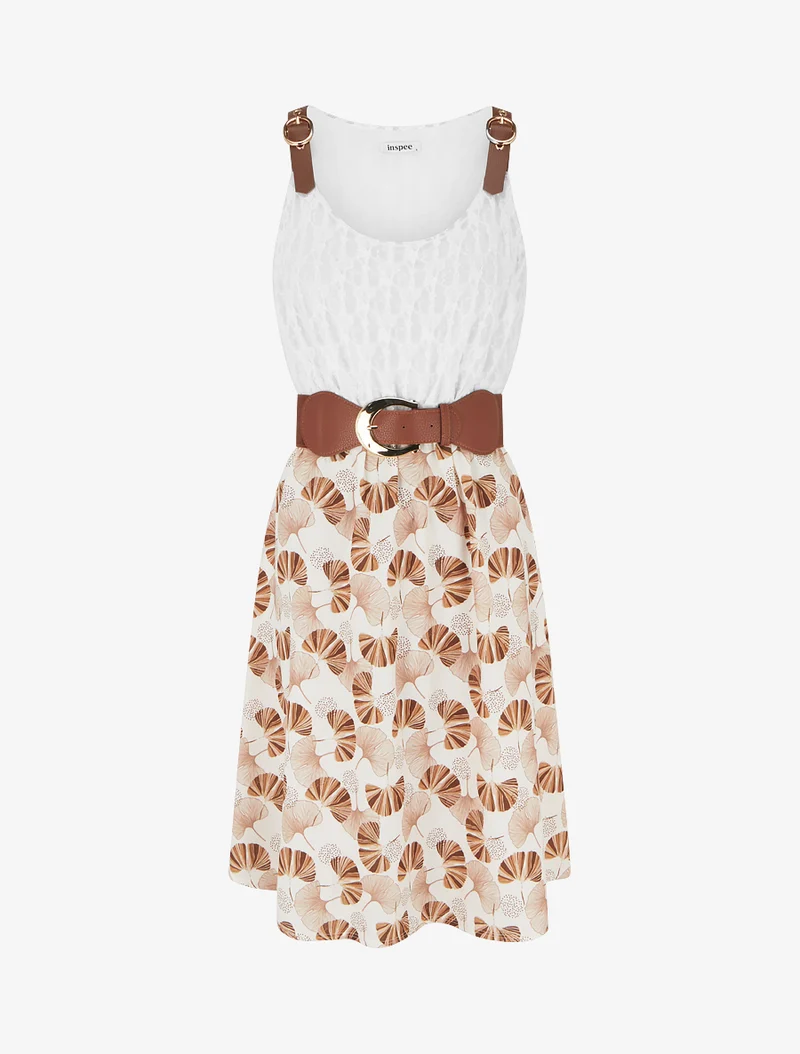 Robe mi-longue imprimé ginkgo et bretelles simili - Marron