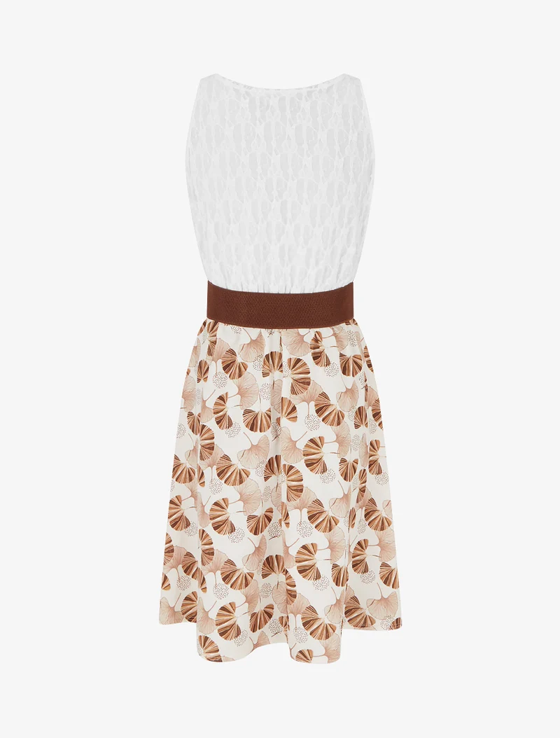 Robe mi-longue imprimé ginkgo et bretelles simili - Marron