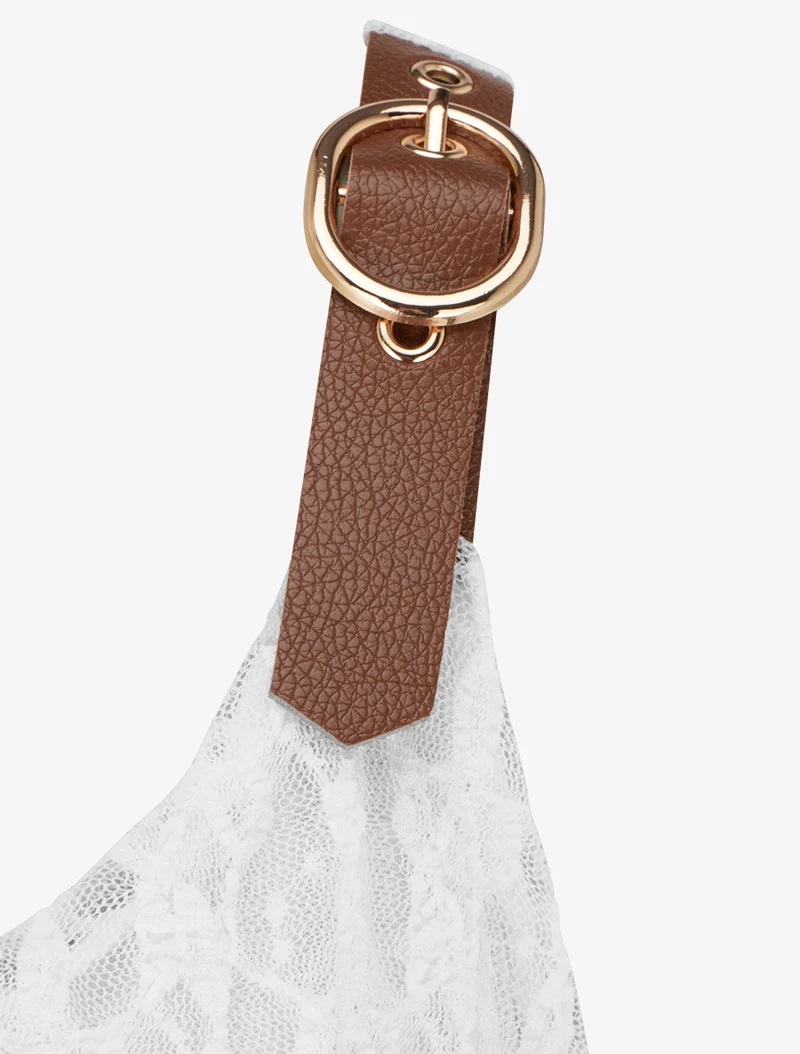 Robe mi-longue imprimé ginkgo et bretelles simili - Marron