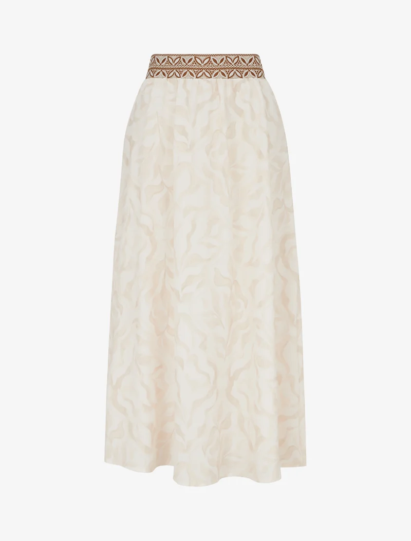 Jupe fluide longue à imprimé feuillage stylisé - Beige