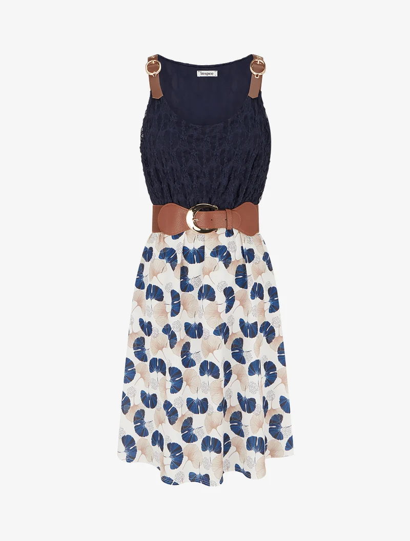 Robe mi-longue imprimé ginkgo et bretelles simili - Marine