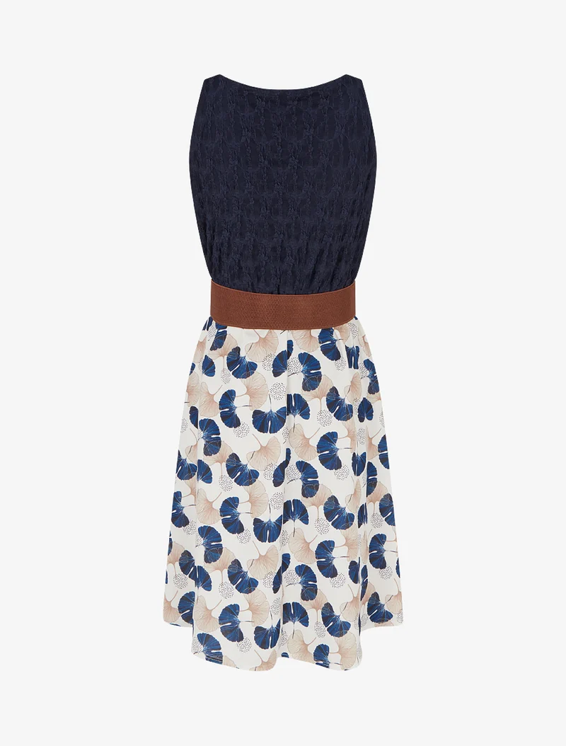 Robe mi-longue imprimé ginkgo et bretelles simili - Marine