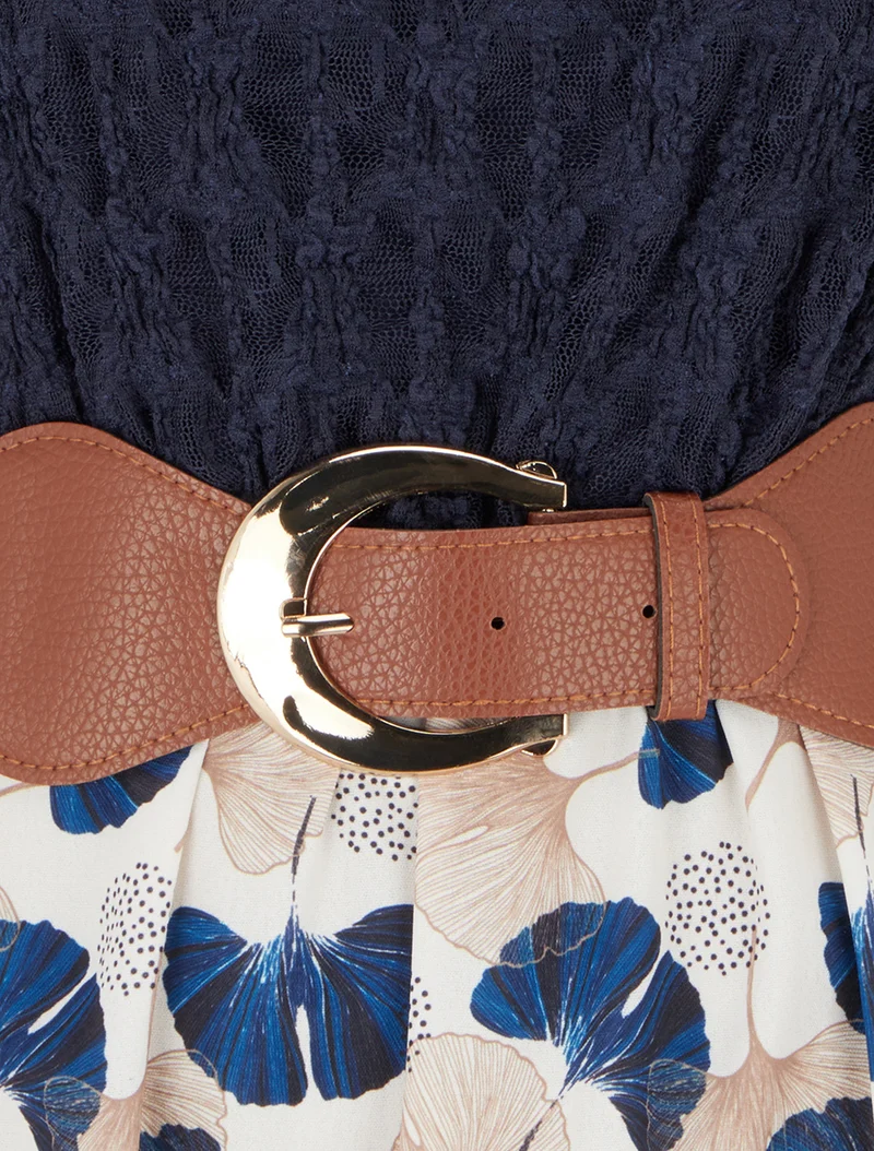 Robe mi-longue imprimé ginkgo et bretelles simili - Marine