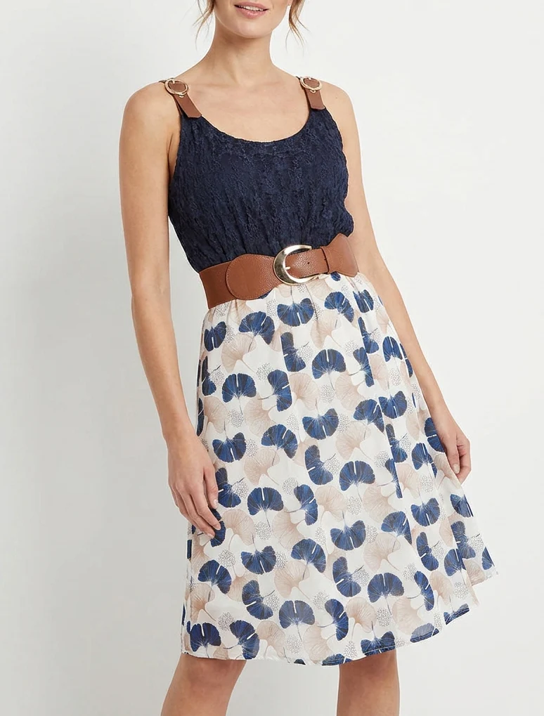 Robe mi-longue imprimé ginkgo et bretelles simili - Marine