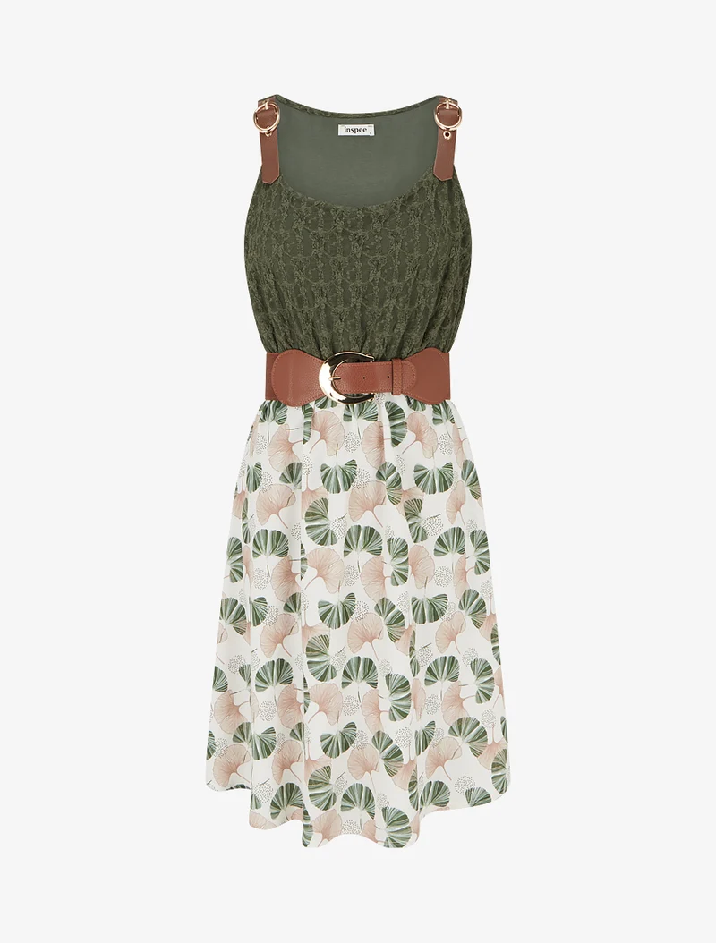 Robe mi-longue imprimé ginkgo et bretelles simili - Kaki