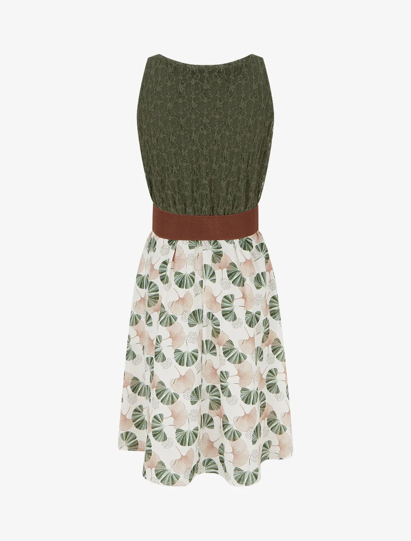 Robe mi-longue imprimé ginkgo et bretelles simili - Kaki