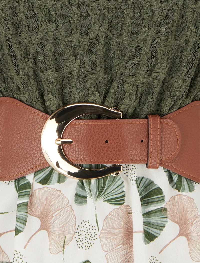 Robe mi-longue imprimé ginkgo et bretelles simili - Kaki