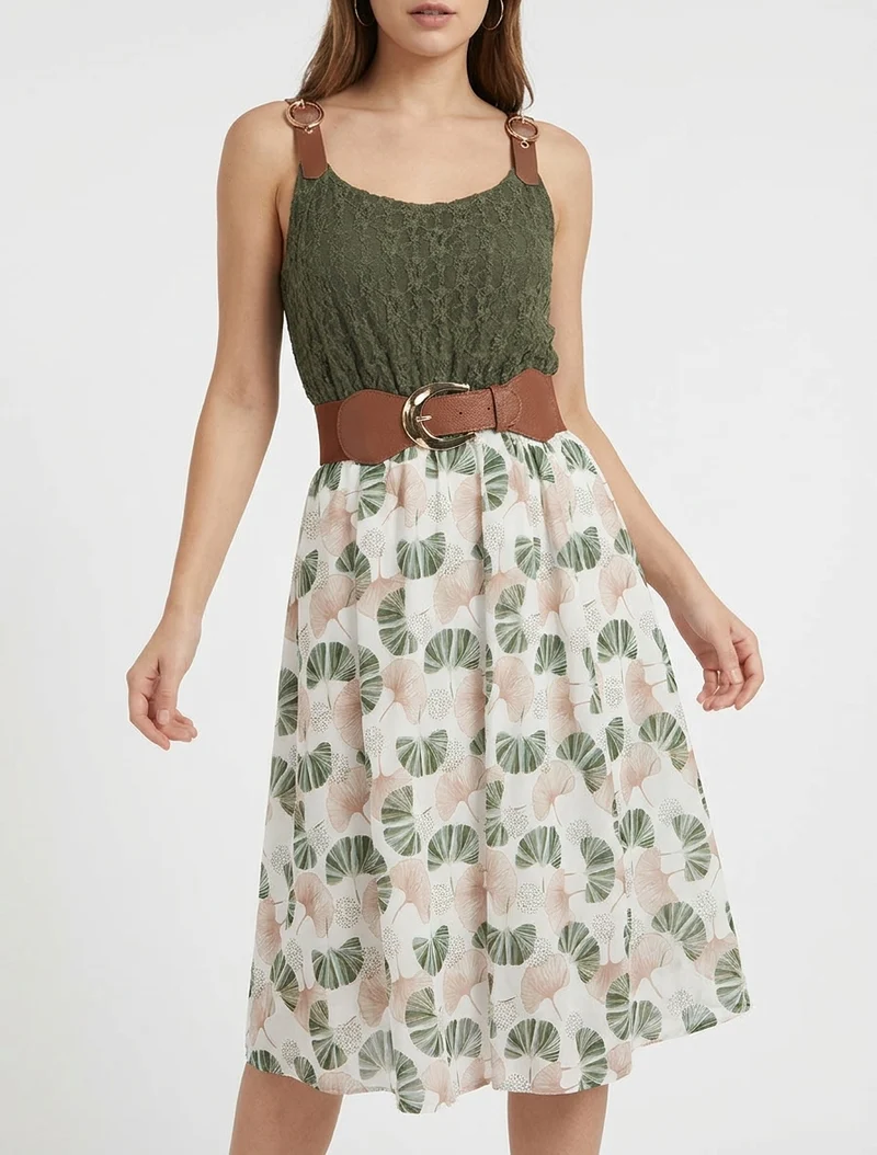 Robe mi-longue imprimé ginkgo et bretelles simili - Kaki
