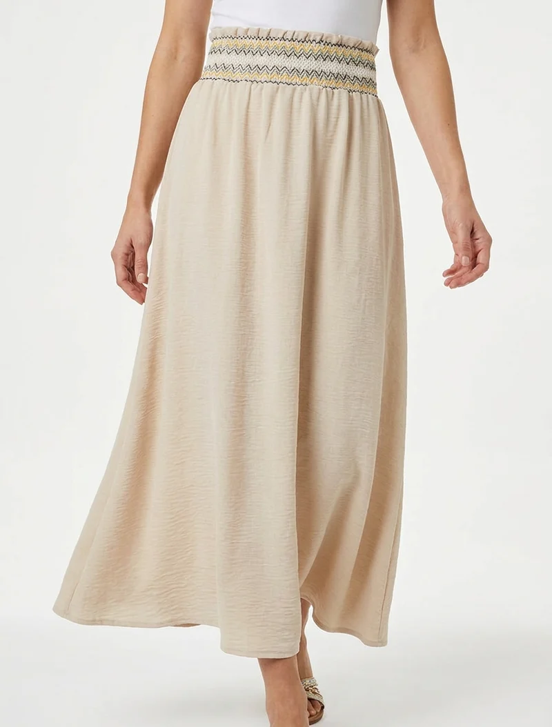 Jupe longue évasée à taille élastiquée - Beige