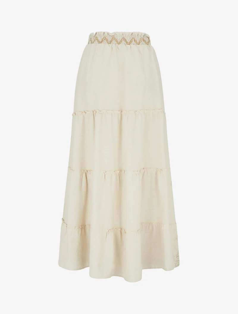 Jupe longue élastiquée à broderie - Beige