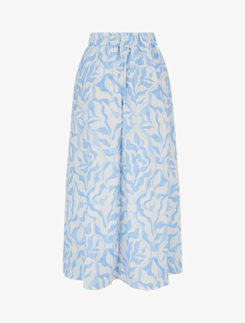 Jupe fluide longue à imprimé feuillage stylisé - Bleu ciel