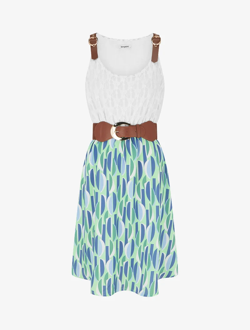 Robe mi-longue imprimé graphique et bretelles simili - Vert d'eau