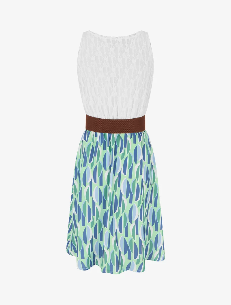 Robe mi-longue imprimé graphique et bretelles simili - Vert d'eau