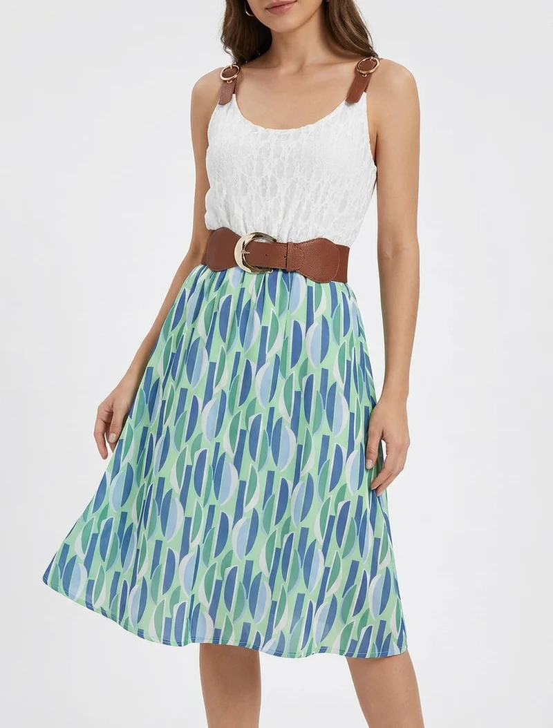 Robe mi-longue imprimé graphique et bretelles simili - Vert d'eau