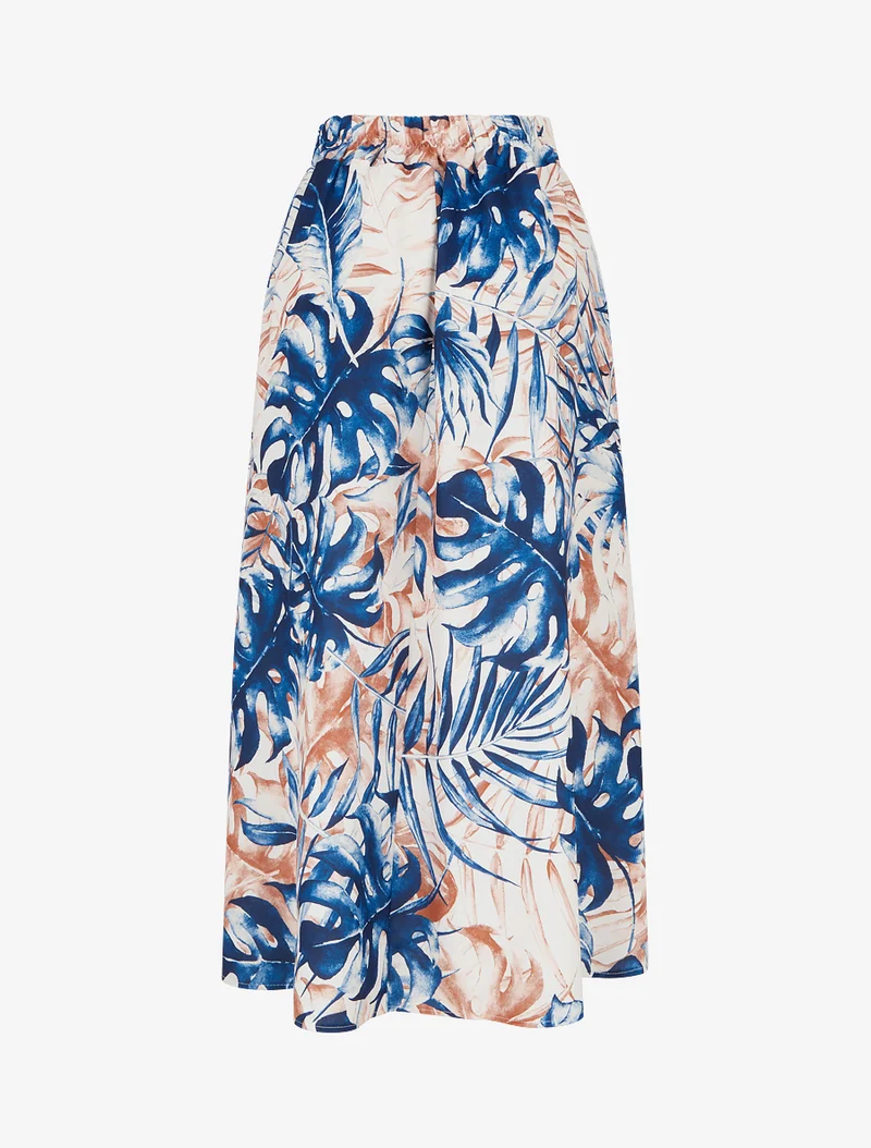 Jupe fluide longue à imprimé feuilles stylisées - Marine