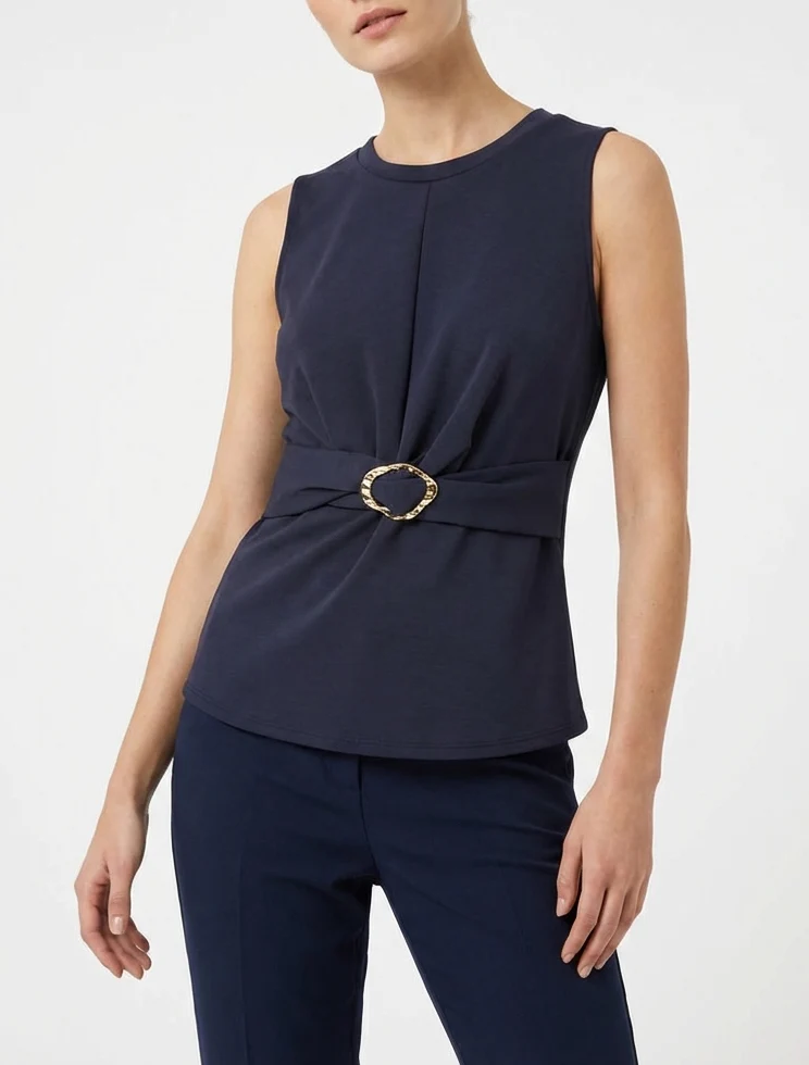 Top uni sans manches à empiècement bijou - Marine