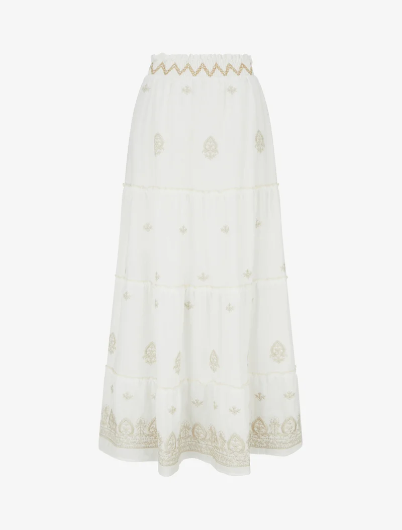 Jupe longue élastiquée à broderie - Blanc
