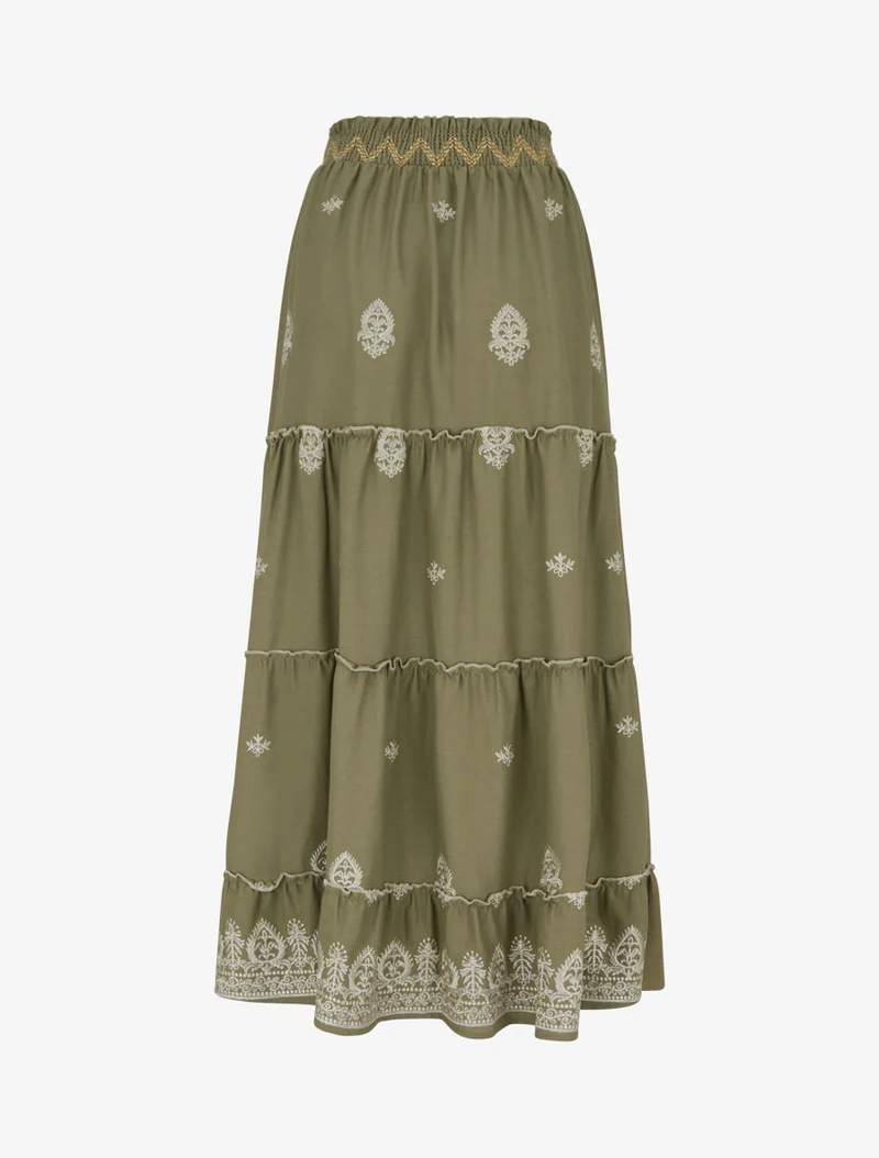 Jupe longue élastiquée à broderie - Kaki