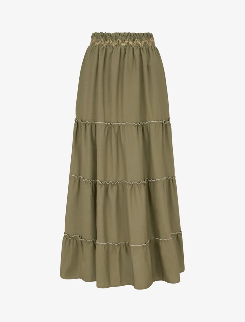 Jupe longue élastiquée à broderie - Kaki