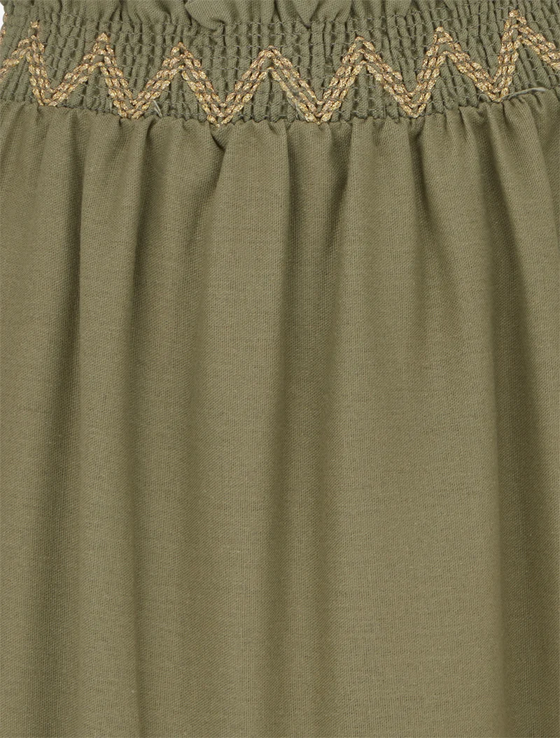 Jupe longue élastiquée à broderie - Kaki