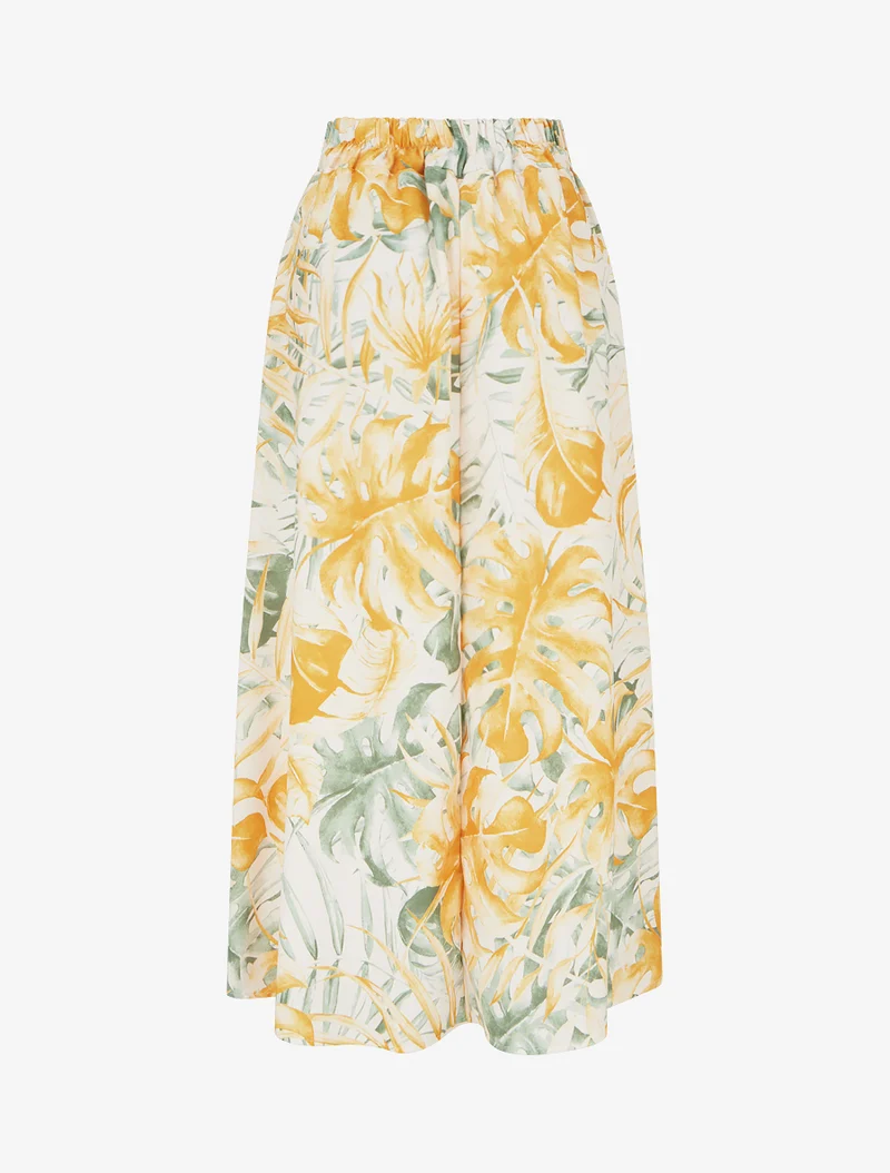 Jupe fluide longue à imprimé feuilles stylisées - Jaune