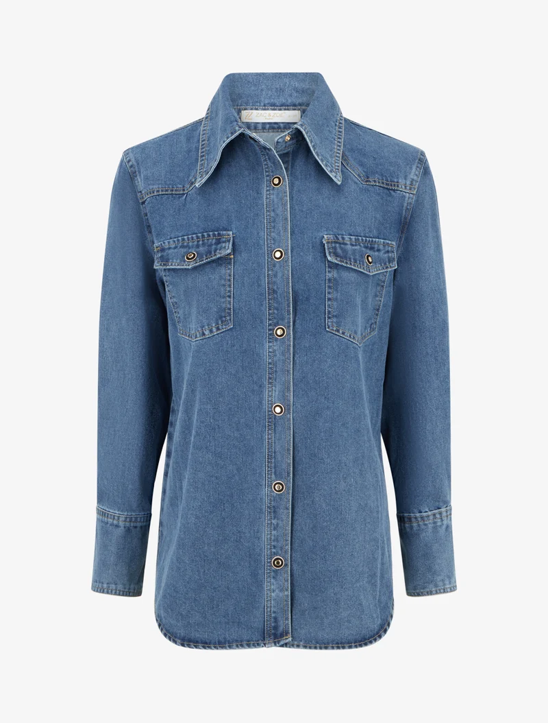 Chemise en jean droite à poches à rabat - Bleu