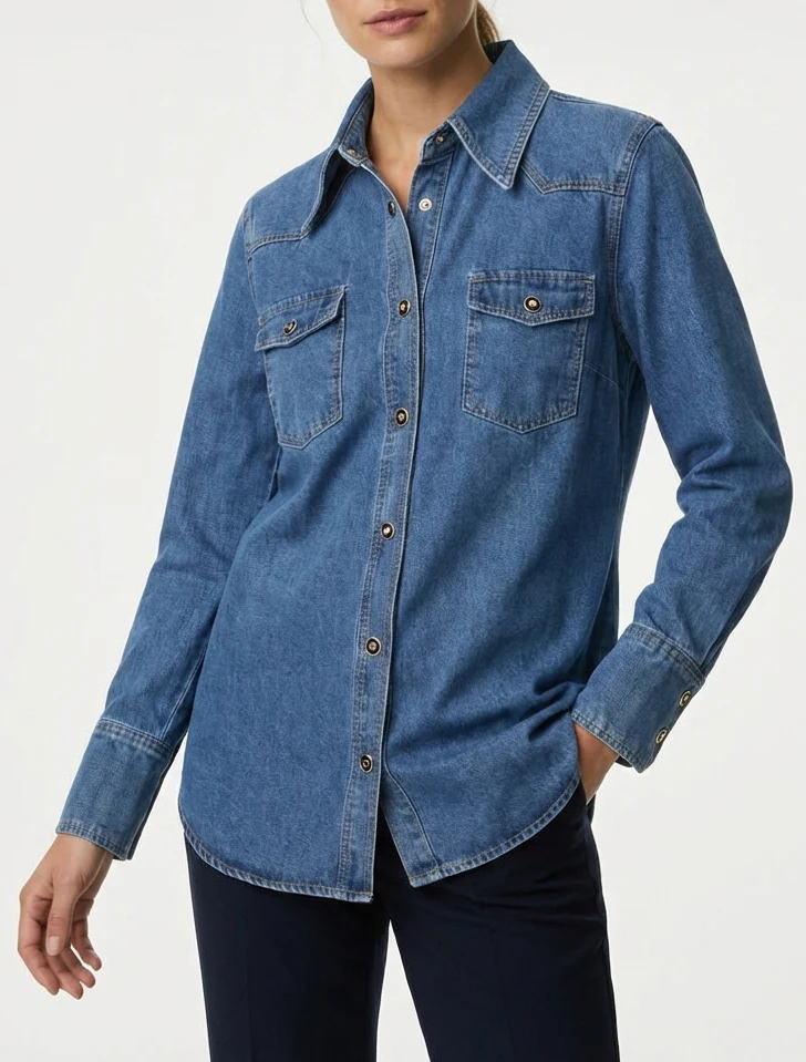 Chemise en jean droite à poches à rabat - Bleu