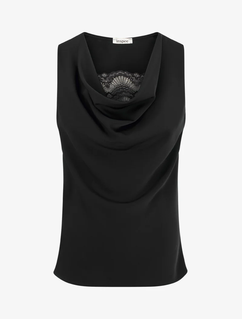 Top sans manches à col bénitier et dentelle - Noir