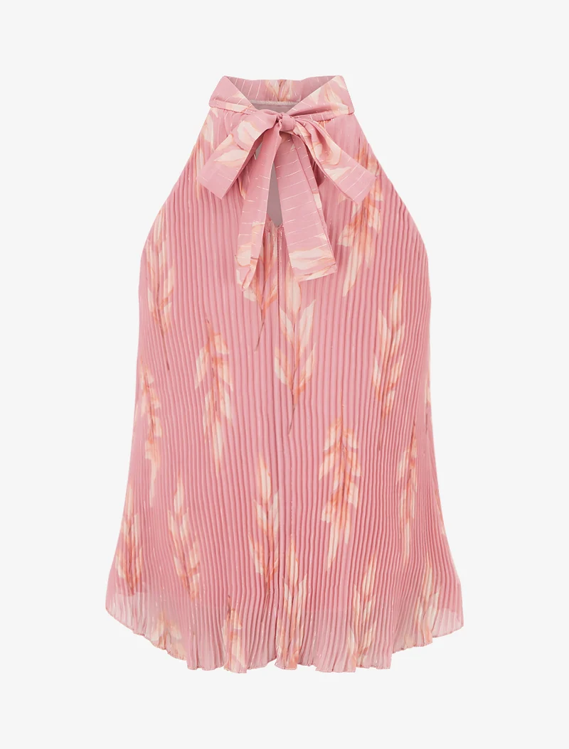 Top plissé sans manches imprimé feuillage - Rose