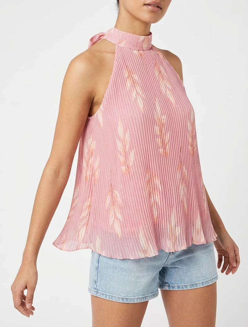 Top plissé sans manches imprimé feuillage - Rose
