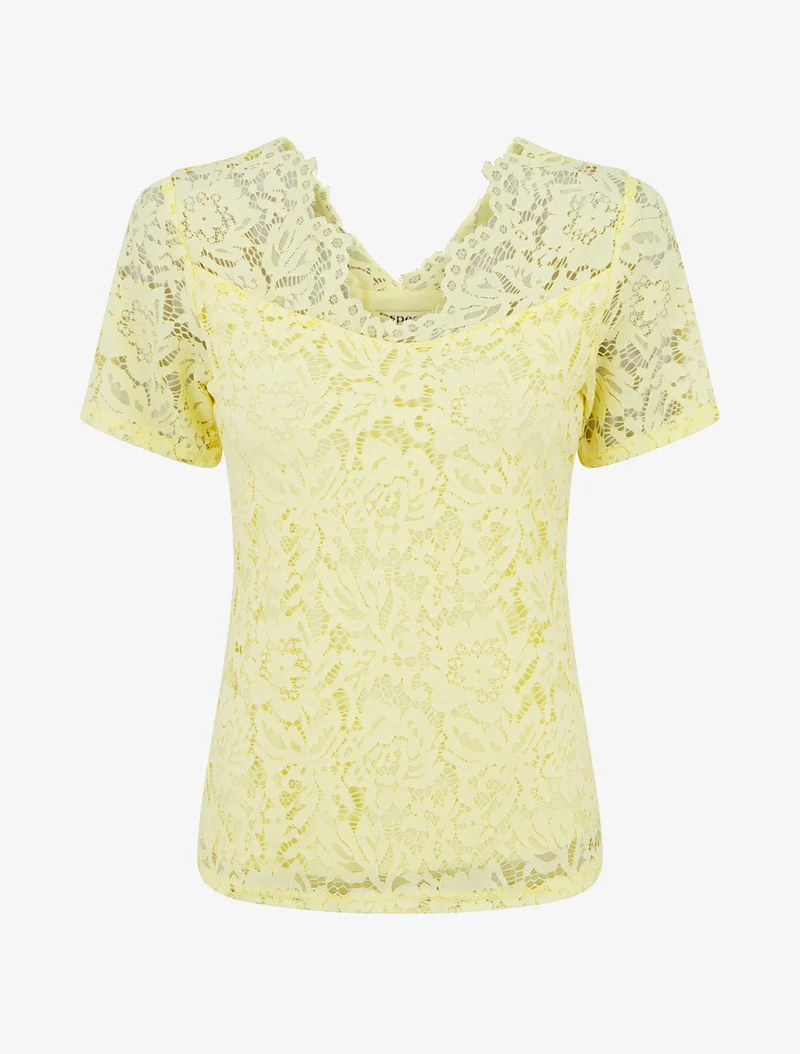Top en dentelle à manches courtes - Jaune