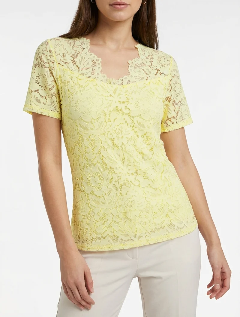 Top en dentelle à manches courtes - Jaune